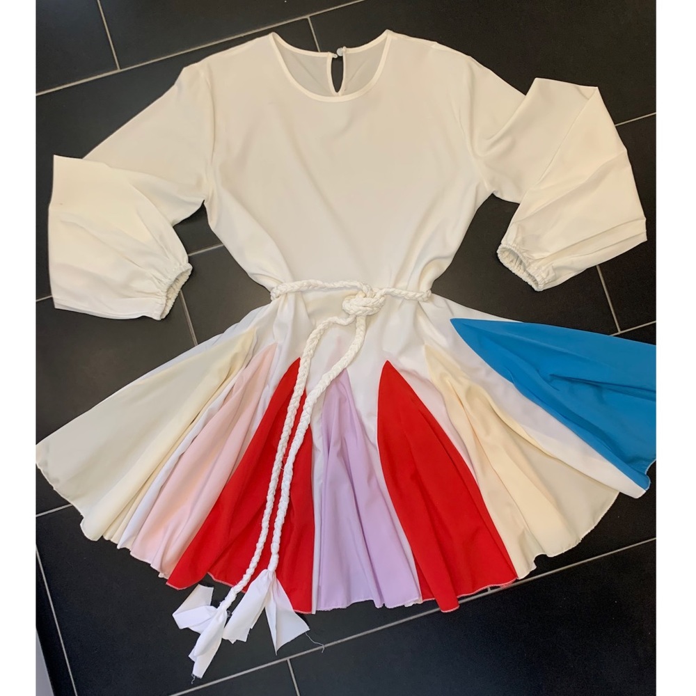 Rainbow dress with colorful flare skirt and tie waist